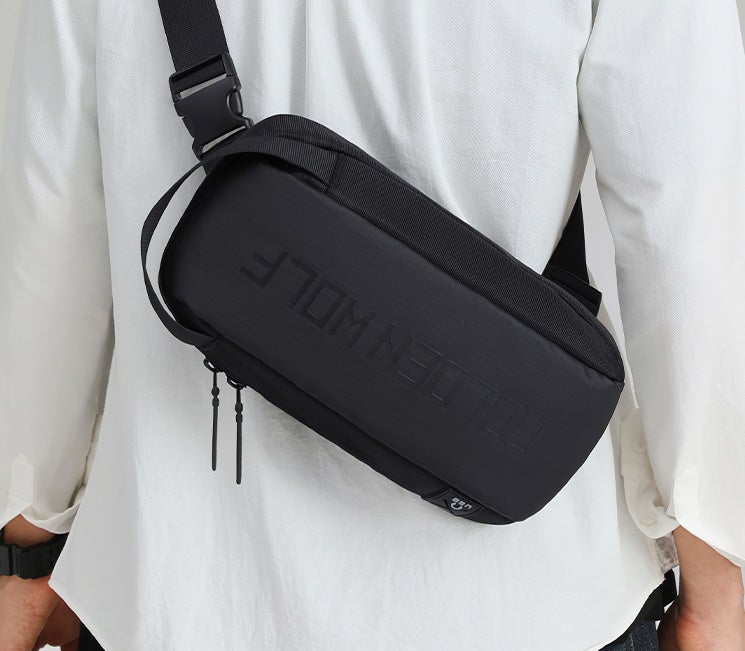 Golden Wolf Waterproof Crossbody Bag - Black Polyester - Image 4